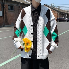 秋冬季开衫毛衣男潮流码休闲线衣港风菱形格子针织衫GM32P45，男装针织衫/毛衣，星座1116-2