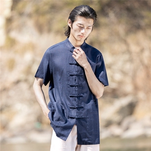 纯亚麻夏季薄款宽松短袖上衣风复古唐装盘扣衬衫男CS06图片