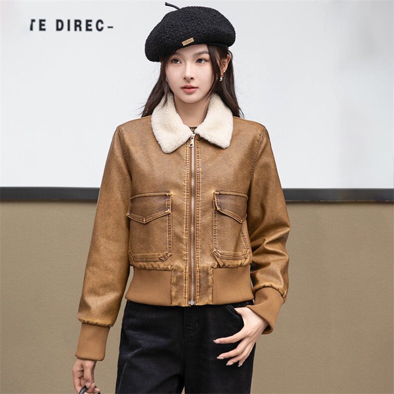 加绒皮衣女2024秋冬新款小个子加厚短款洋气机车服皮夹克棉衣外套,女装皮衣,江南女神