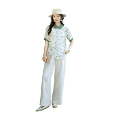 2025夏装新款苎麻碎花上衣复古宽松短袖印花衬衫女设计感碎花衬衣，女装套装/套裙，凝聚力