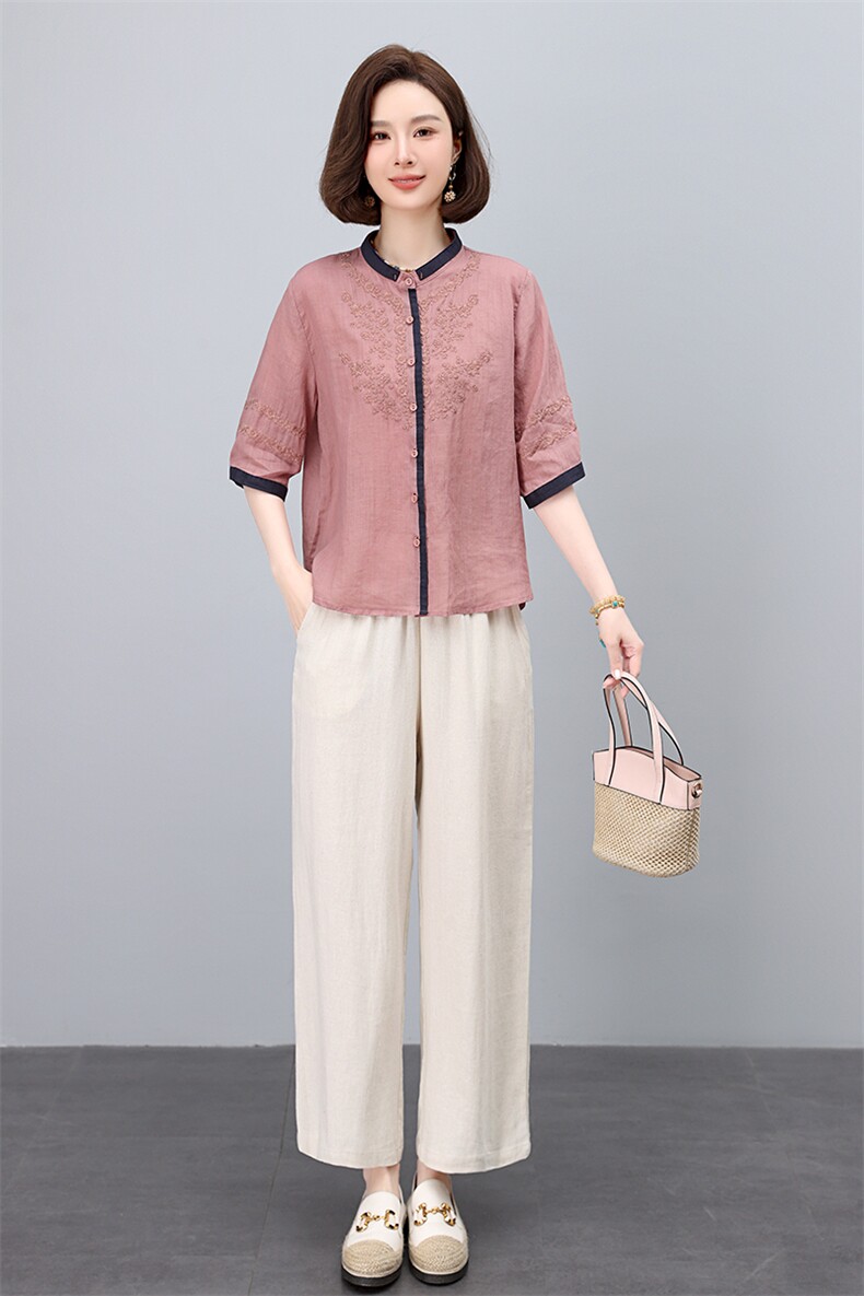 2025夏季新款时尚套装女立领真丝提花上衣阔腿裤两件套久恒雅鑫,女装套装/套裙,凝聚力