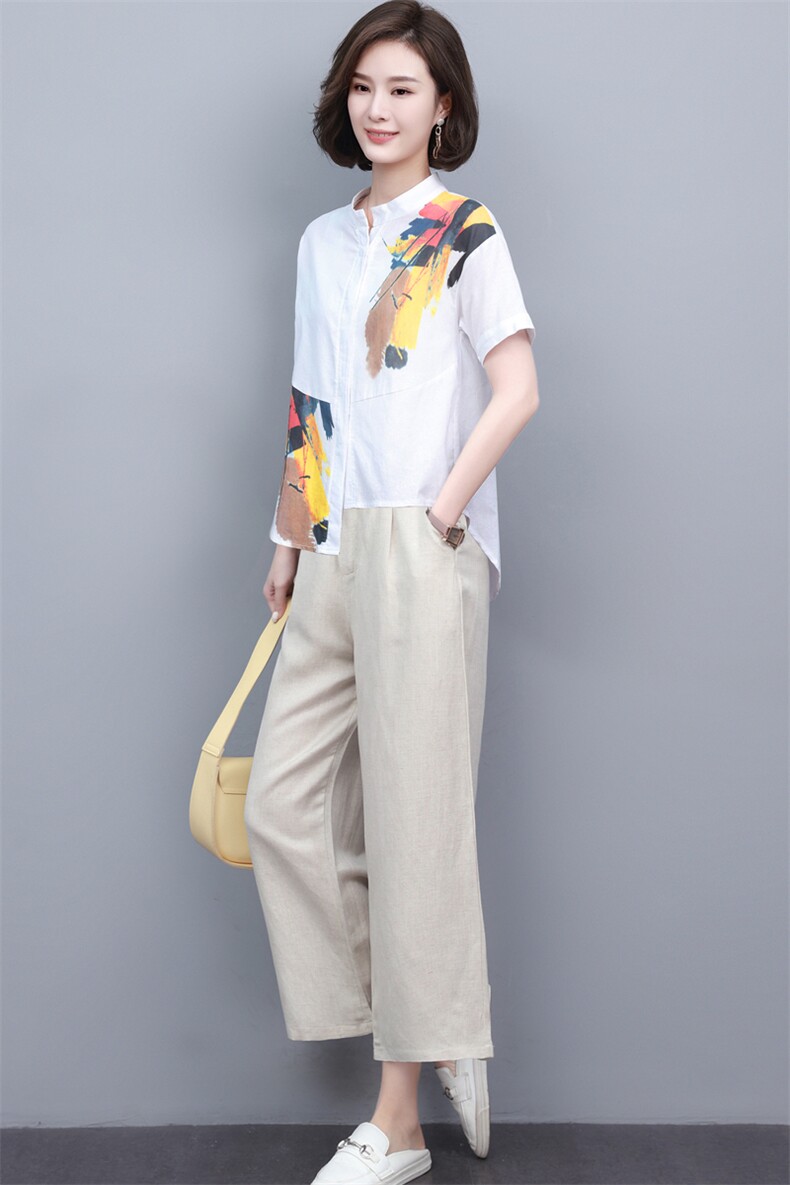 (新品)2024年夏季麻棉两件套女印花T恤阔腿裤中老年妈三年不下架,女装套装/套裙,璐依舞
