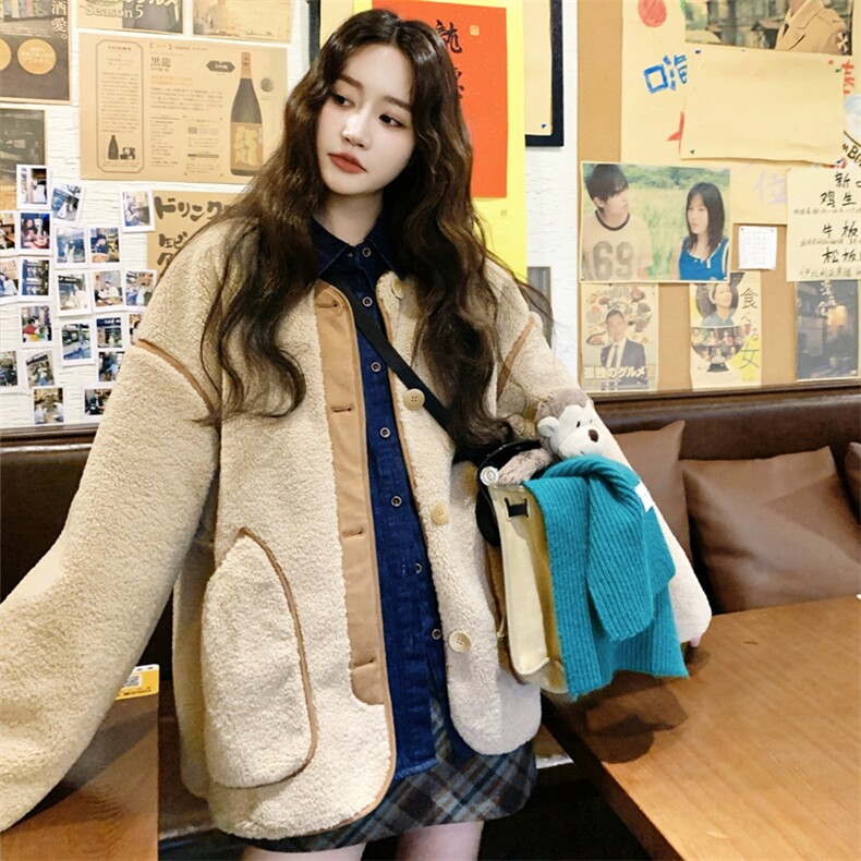 【现货】卡其色包边羊羔毛外套C158-8610-P175-K268,女装棉衣/棉服,2C158