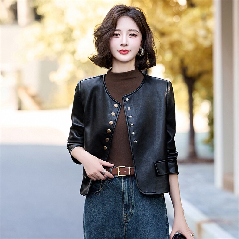 黑色小皮衣外套女2025秋季新款短款pu皮夹克圆领休闲单排扣上衣女,女装皮衣,天丽