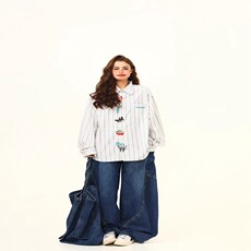 野生阿子文艺感刺绣个性美式复古条纹长袖衬衫女秋季宽松百搭衬衣，男装衬衫，星座218-8