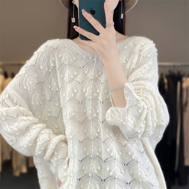 2025秋冬新款V领羊毛衫女士宽松显瘦勾花镂空内搭毛衣上衣,女装羊毛衫,琳华羊绒