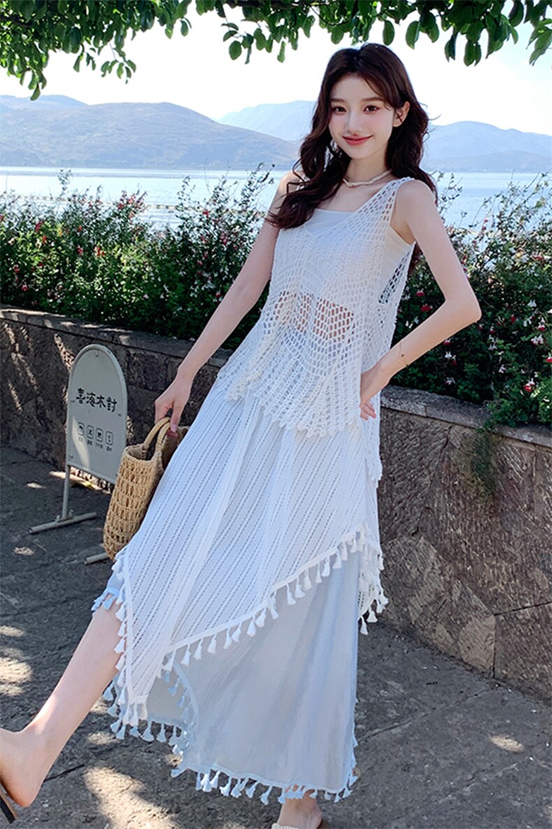 波西米亚度假风套装裙女2025夏新款镂空马甲背心流苏半身裙三件套,女装套装/套裙,浙宝220