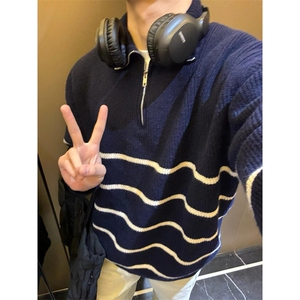 半拉链条纹毛衣男士立领秋冬慵懒宽松针织衫男 M5007图片