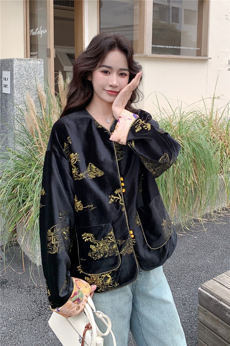 正反两穿金丝绒刺绣新中式外套2C081-0262P160K258,女装短外套,2C081