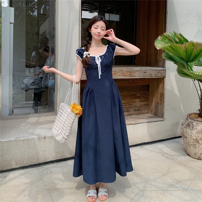 法式设计感蝴蝶结系带蕾丝花边连衣裙女2025夏季新款收腰显瘦长裙,女装连衣裙,2C159