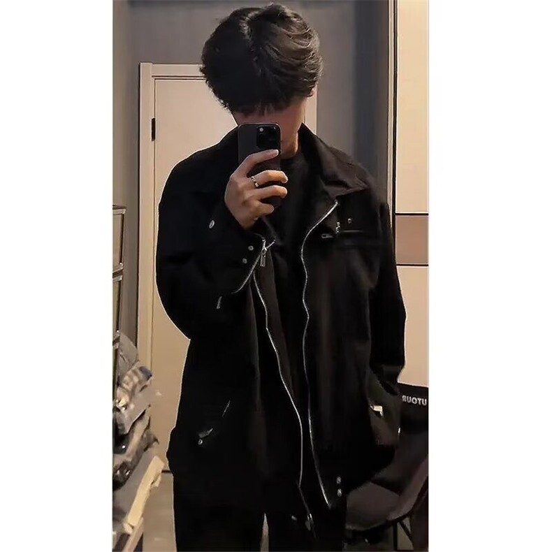 黑色麂皮绒外套男痞帅高级感ootd穿搭潮牌高街短款美式飞行员夹克,男装夹克,星座1008