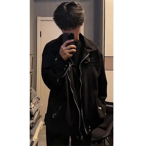 黑色麂皮绒外套男痞帅高级感ootd穿搭潮牌高街短款美式飞行员夹克图片