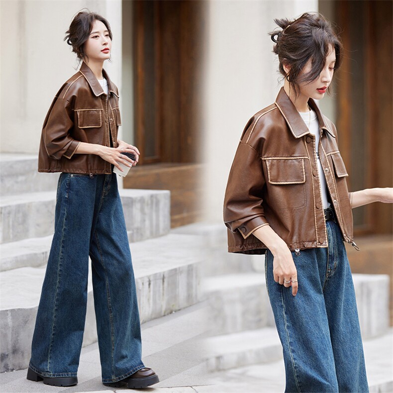 短款皮衣外套女2024秋季新款宽松休闲美式复古美拉德机车夹克上衣，女装皮衣，美拉德工厂直营店