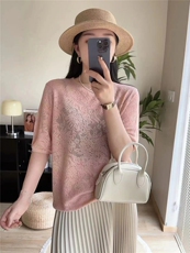 精仿欧根纱轻薄透气钩花短袖8个颜色2025年春季，女装针织衫/毛衣，昂家羊绒