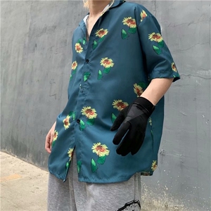 夏ins港风垂感花衬衫男薄款情侣宽松休闲外穿半袖衬衣 W1011-P28图片