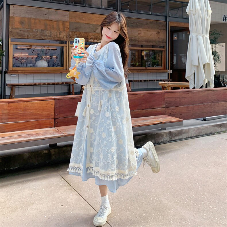 现货！镂空罩衫连衣裙2026春季新款长袖叠穿两件套8732-P175-K258,女装套装/套裙,2B222