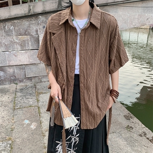 F343-P43夏季复古小众肌理感衬衫男新中式拼接绑带短袖衬衣现货