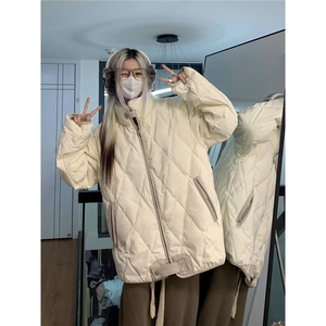 复古菱形格立领保暖棉衣男女冬季加厚简约宽松情侣棉服外套ins潮图片