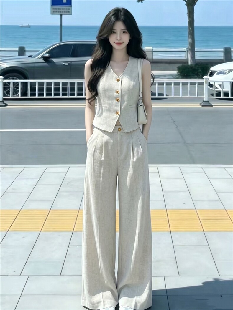 韩版休闲运动套装女款圆领纽扣马甲上衣内搭白色T恤阔腿裤三件套,女装套装/套裙,江南