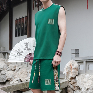 刺绣风休闲运动套装男背心短裤两件套拼接潮A266-TZ2207-P43图片