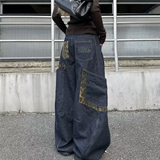 N1031-P54美式复古水洗做旧豹纹拼接弯刀牛仔裤小众设计感，男装牛仔裤，电商B323A