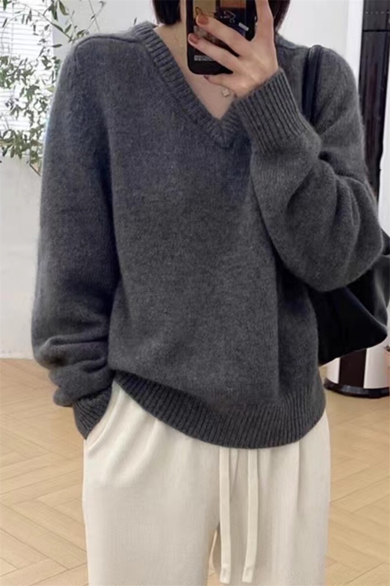 软糯亲肤v领山羊绒衫女套头24秋冬季高端加厚宽松针织打底衫毛衣,女装羊毛衫,泰沅羊绒