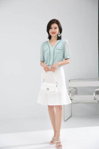 2021夏装新款针织拼雪纺上衣短袖，女装，秋子丰色(1F)