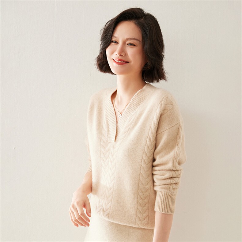 V领秋冬季简约气质百搭宽松35%羊绒衫女,女装羊绒衫,七柒羊绒