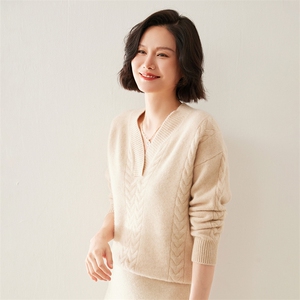 V领秋冬季简约气质百搭宽松35%羊绒衫女图片