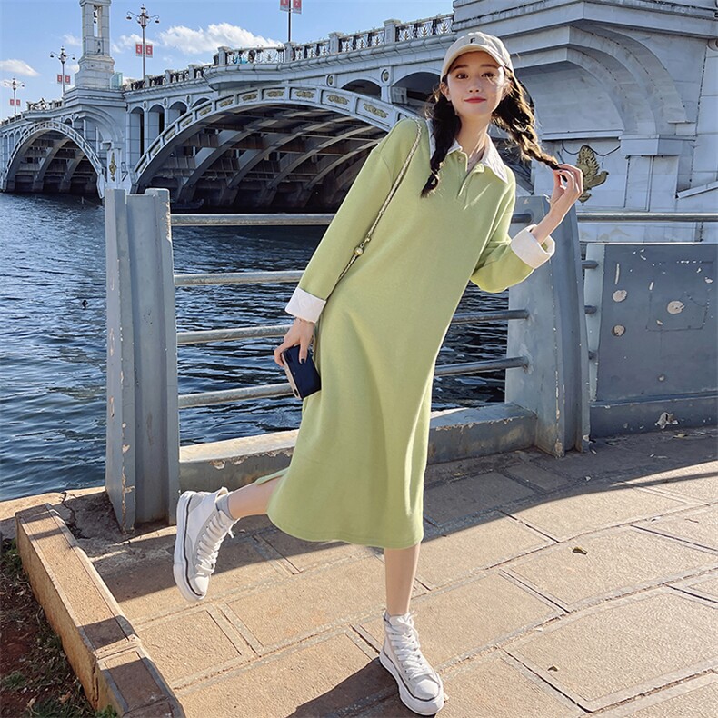 长袖中长裙中腰休闲常规袖连衣裙大码宽松秋季休闲风韩版裙子春秋,女装连衣裙,2C088