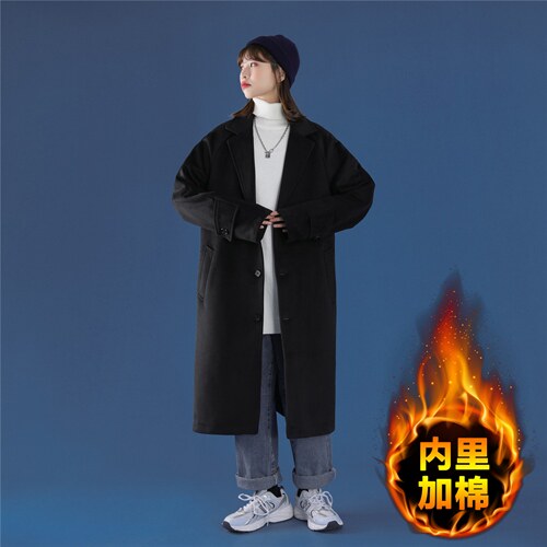 N1079/P100加棉P110冬季毛呢大衣男女中性风中长款过膝风衣大码图片