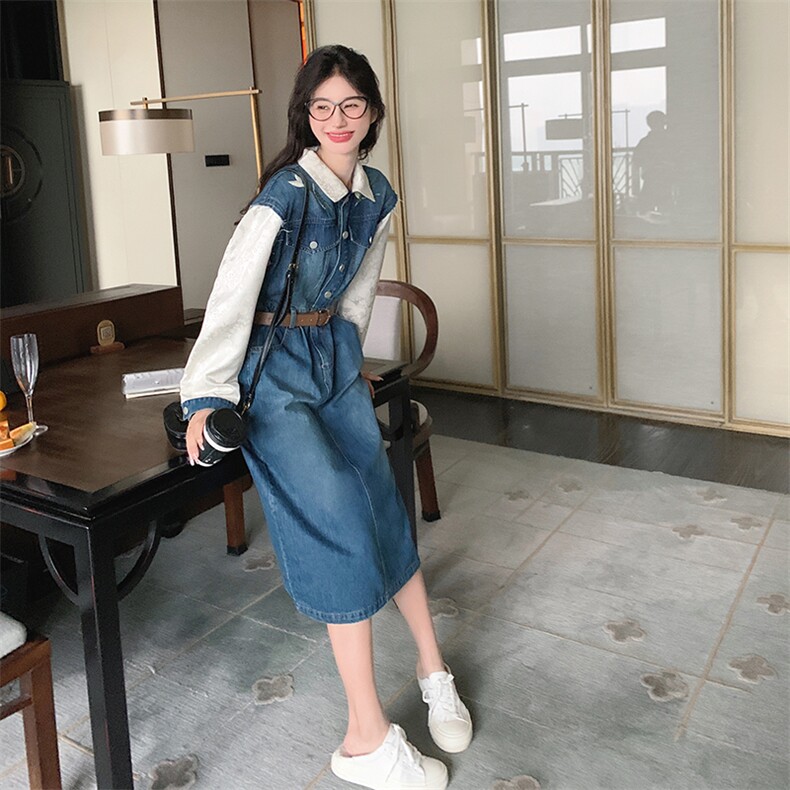 拼接牛仔连衣裙2024女中长款春季新款小个子修身裙子A字裙衬衫裙,女装连衣裙,钱塘布衣