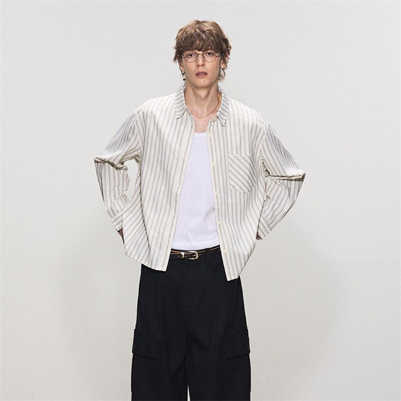 美式潮牌高街复古泡泡纱竖条纹日系肌理长袖衬衫男女休闲宽松衬衣，男装衬衫，电商A443