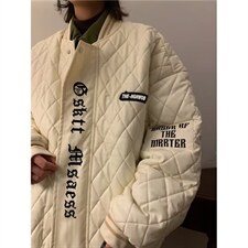 翻领菱形格刺绣PU皮棒球服PU皮棉服拉链仿皮青少年潮纯色Y6581，男装棉衣，星座506