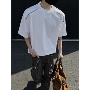 高品质二开240克宽松纯棉美式高街痞帅拉链装饰短袖T恤特23.5图片