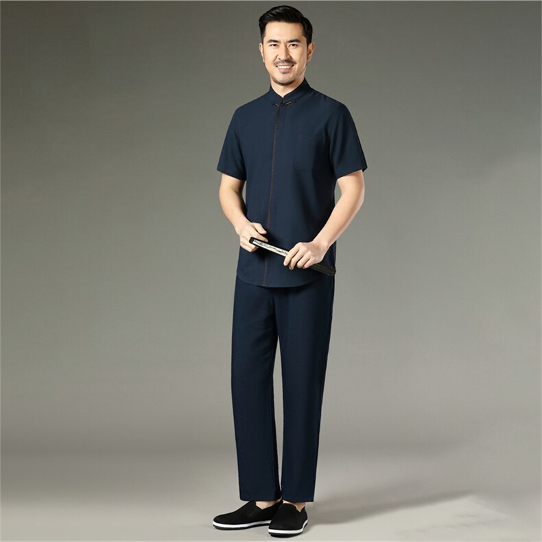 2024新款唐装男夏季风亚麻爸爸装短袖立领盘扣中老年套装，男装休闲套装，钱塘6003B