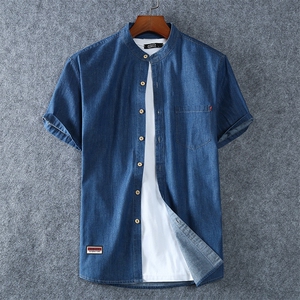 XL-8XL牛仔短袖衬衫男夏季加肥加大码男装休闲衬衣立领薄1185图片