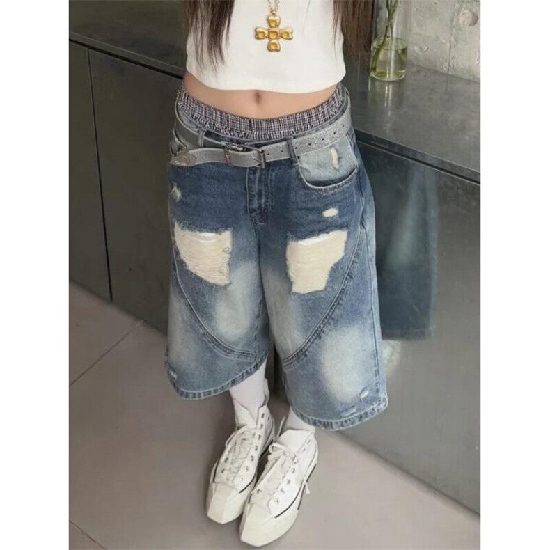 破洞阔腿牛仔短裤女夏季高街设计感宽松高腰阔腿七分裤子ND3804,男装牛仔裤,星座1116A（原606A-3）