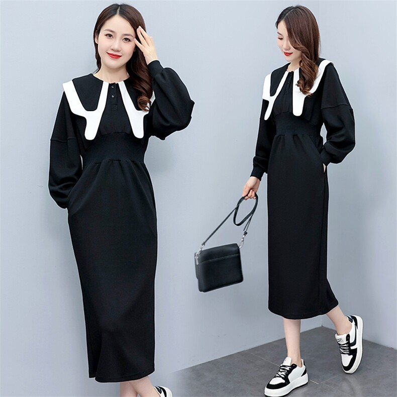 黑色娃娃领法式连衣裙女早秋季赫本风收腰卫衣裙子2022新款欧洲站,女装连衣裙,曼娅璐