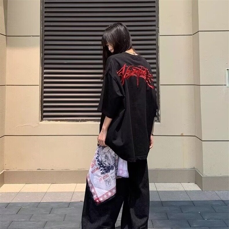 夏季美式高街后背字母印花短袖T恤男女潮牌宽松休闲情侣圆领上衣,男装T恤,星座506A