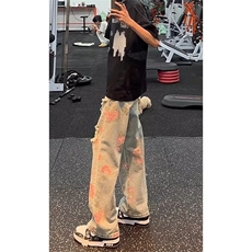 美式高街蕾丝贴布拼接牛仔裤男女宽松裤子显高休闲长裤NZ122-P48，男装牛仔裤，星座308B-2