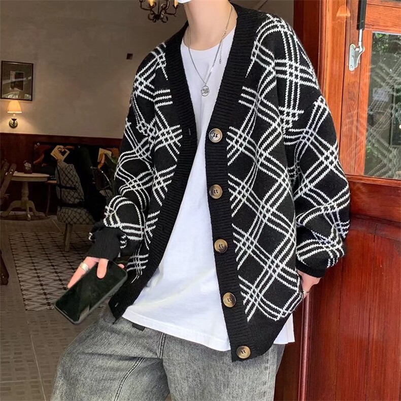 美式复古格纹开衫毛衣男秋季潮牌日系慵懒风宽松情侣款针织衫上衣图片