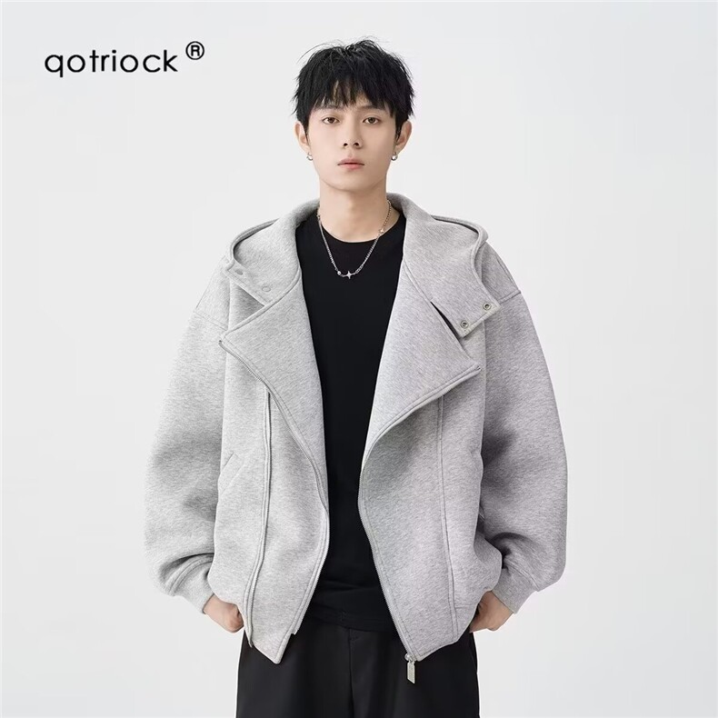 1014-1-WA601式双拉链开衫连帽卫衣男女春秋重磅潮牌灰色加厚外套，女装短外套，星座1014-1