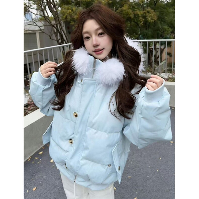 冬季蓝色连帽羽绒棉服女韩版宽松休闲加厚保暖毛领棉衣M7882,男装棉衣,星座1116A（原606A-3）