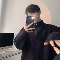 M16-P42韩版小众纯色立领半拉链毛衣男秋冬美式宽松慵懒风翻领，男装针织衫/毛衣，电商B323A