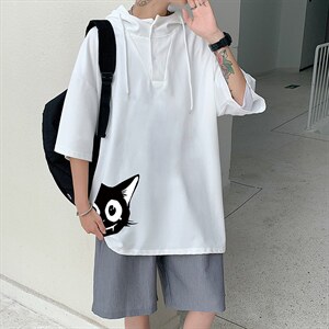 LD54035-P45 连帽短袖t恤男大码胖子带帽五分袖中袖图片