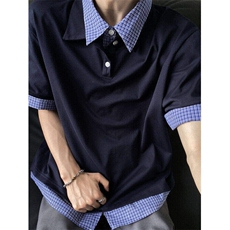 学院风短袖T恤男女宽松休闲美式假两件格纹POLO衫上衣WLT777-P35，男装T恤，星座1008