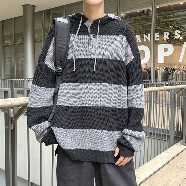 港风秋冬款男连帽毛衣条纹拼色手套款休闲打底外套M6005 P55图片