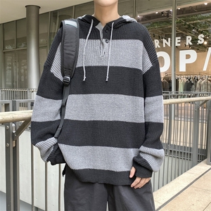 港风秋冬款男连帽毛衣条纹拼色手套款休闲打底外套M6005 P55图片