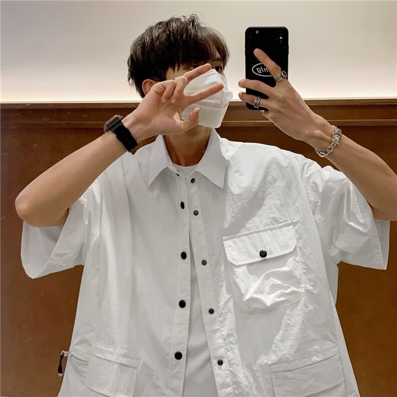 日系复古工装衬衫男短袖t恤夏季薄款半袖衬衣男tee百搭休闲上衣男,男装T恤,星座506A